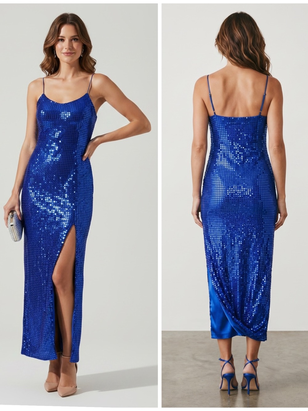 LA Glo Vtg Electric Blue Strappy Sequins Disco Ball Stretchy Dress Made in USA 4